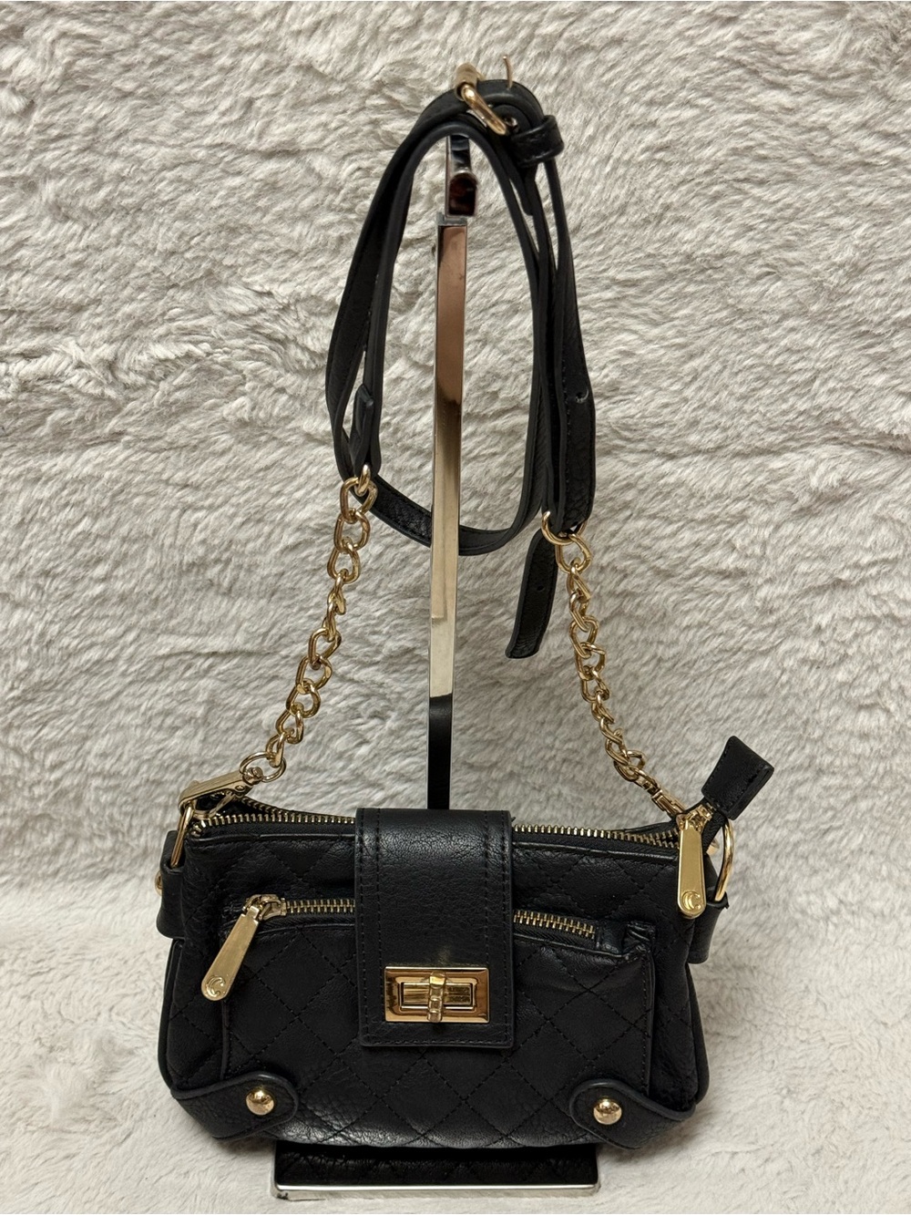 Charming Charlie Black Quilted Mini Crossbody with Gold Hardware